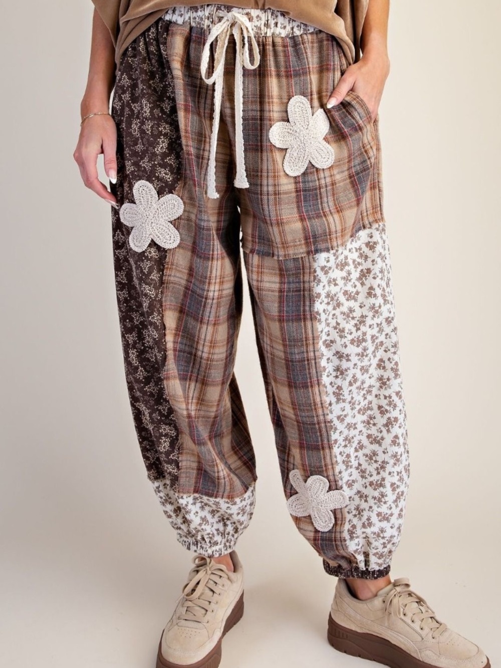 New Easel Los Angeles Jogger Pants Plaid Floral Oversized Baggy Fit Mixed Media - Picture 4 of 6